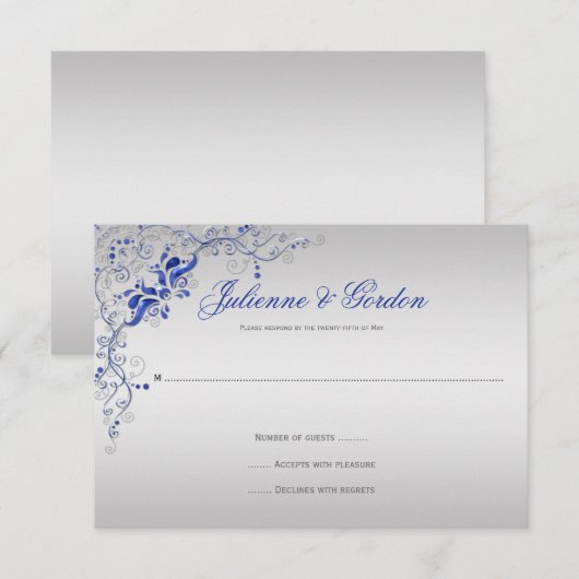 Blauw Zilver Bloemwervelingen RSVP (Voorkant / Achterkant)