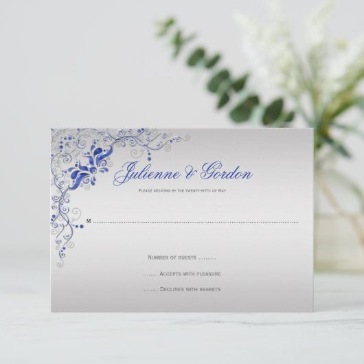  Blauw Zilver Bloemwervelingen RSVP Kaartje (Staand voorkant)