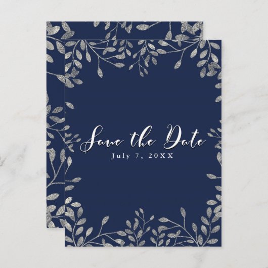 Blauw & Zilver Botanisch Trouw Save the Date Aankondigingskaart (Voorkant / Achterkant)