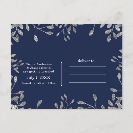 Blauw & Zilver Botanisch Trouw Save the Date Aankondigingskaart (Achterkant)