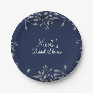 Blauw & Zilver Botanische Moderne Elegante Bruilof Papieren Bordje