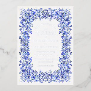 Blauw Zilver Chinoiserie Bloem Franse Trouw Folie Uitnodiging