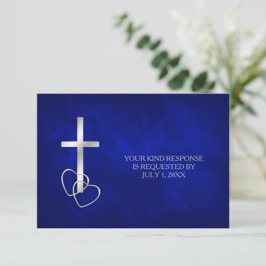 Blauw Zilver Christelijk Cross Bruiloft RSVP (Staand voorkant)