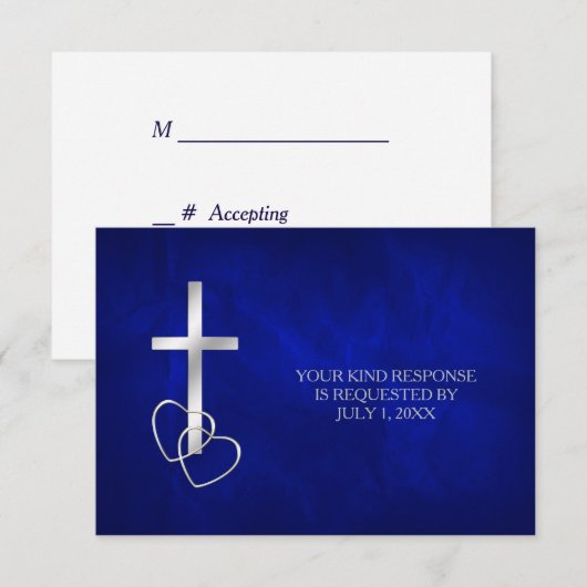 Blauw Zilver Christelijk Cross Bruiloft RSVP Kaartje (Voorkant / Achterkant)