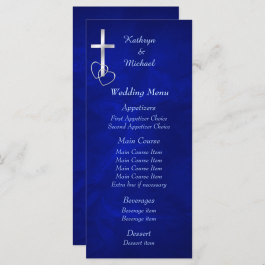 Blauw Zilver Christelijk Kruis Bruiloft Menu (Voorkant / Achterkant)