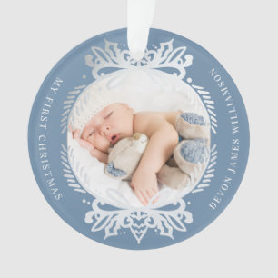 blauw & Zilver Crest Baby's Eerste Kerstmis Ornament