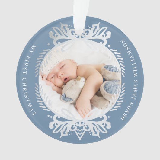  blauw & Zilver Crest Baby's Eerste Kerstmis Ornament (voorkant)
