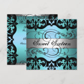 Blauw & Zilver Damask Sweet 16 Verjaardag Uitnodig Kaart (Voorkant / Achterkant)