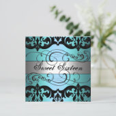Blauw & Zilver Damask Sweet 16 Verjaardag Uitnodig Kaart (Staand voorkant)