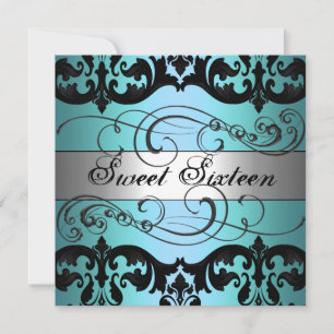 Blauw & Zilver Damask Sweet 16 Verjaardag Uitnodig Kaart