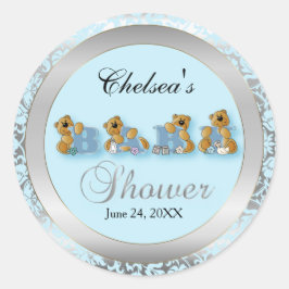 Blauw & Zilver Damast Teddy Bears | BABY SHOWER Ronde Sticker