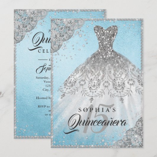 Blauw Zilver Diamant Kant Sparkle Gown Quinceanera Kaart (Voorkant / Achterkant)