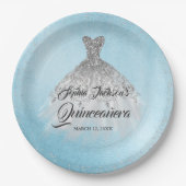 Blauw Zilver Diamant Sparkle Gown Quinceanera Papieren Bordje (Voorkant)