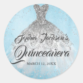 Blauw Zilver Diamant Sparkle Gown Quinceanera Ronde Sticker