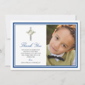 Blauw Zilver Eerste Heilige Communie Foto Dank u Bedankkaart (Voorkant)