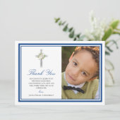 Blauw Zilver Eerste Heilige Communie Foto Dank u Bedankkaart (Staand voorkant)