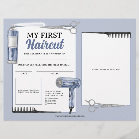 Blauw & Zilver Eerste Kapsel Haar Salon Certificaa (Voorkant)