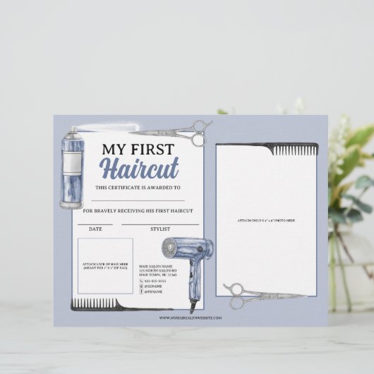 Blauw & Zilver Eerste Kapsel Haar Salon Certificaa (Staand voorkant)