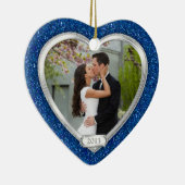 Blauw Zilver Eerste Kerstmis Samen Foto Xmas Keramisch Ornament (Rechts)