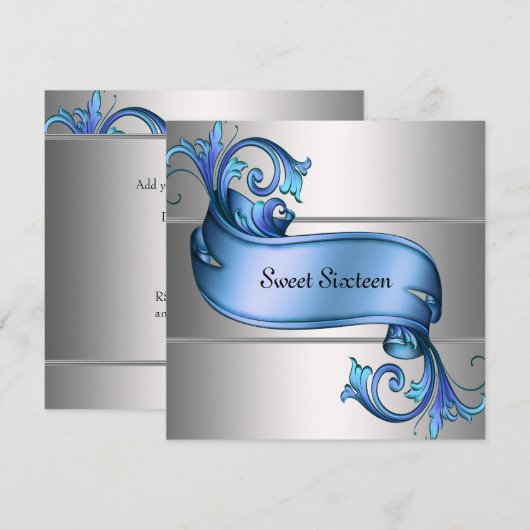 Blauw Zilver Elegant Sweet Sixteen Party Kaart (Voorkant / Achterkant)