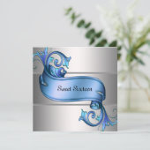 Blauw Zilver Elegant Sweet Sixteen Party Kaart (Staand voorkant)