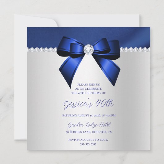 Blauw, zilver en diamanten 40e verjaardag kaart (Achterkant)