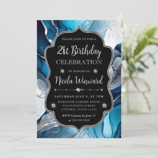 Blauw, Zilver en Goud Alcohol Inkt 21ste Verjaarda Kaart (Staand voorkant)