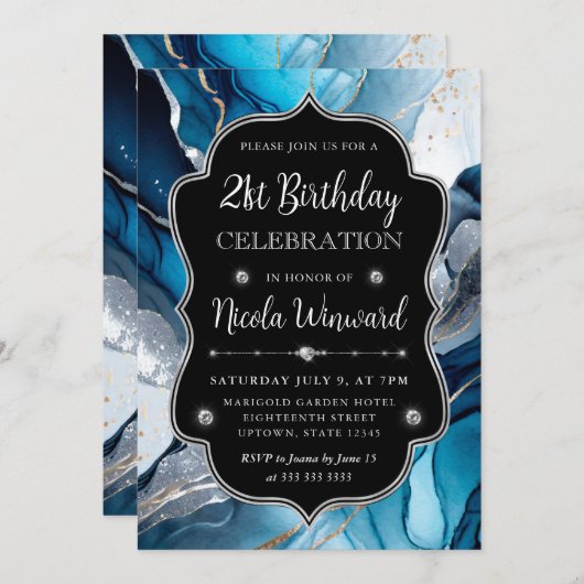 Blauw, Zilver en Goud Alcohol Inkt 21ste Verjaarda Kaart (Voorkant / Achterkant)