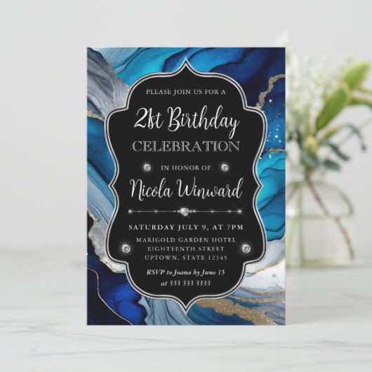 Blauw, Zilver en Goud Alcohol Inkt 21ste Verjaarda Kaart (Staand voorkant)