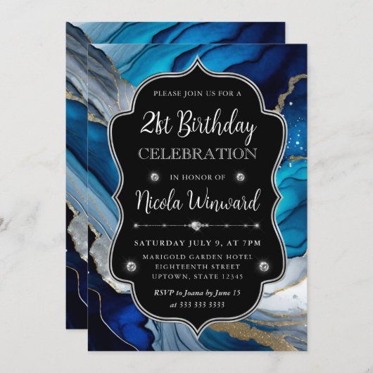 Blauw, Zilver en Goud Alcohol Inkt 21ste Verjaarda Kaart (Voorkant / Achterkant)