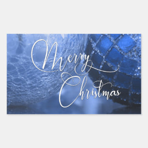 Blauw, zilver en witte prettige kerstgroet rechthoekige sticker