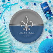 Blauw Zilver Fleur de Lis Papieren Bordje (Feest)