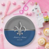 Blauw Zilver Fleur de Lis Papieren Bordje (Feest)