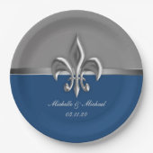 Blauw Zilver Fleur de Lis Papieren Bordje (Voorkant)
