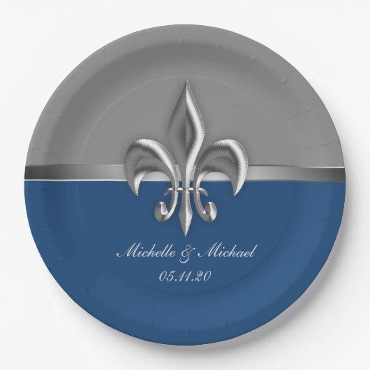 Blauw Zilver Fleur de Lis Papieren Bordje (Voorkant)