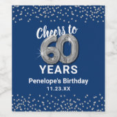 Blauw Zilver Gelukkig 60e Verjaardag Wijn Label Wijn Etiket (Enkel label)