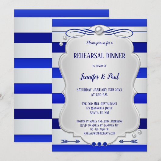 Blauw Zilver Gestreept Repetitie Diner Uitnodiging (Voorkant / Achterkant)