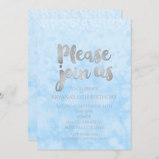 Blauw & Zilver Glamour Feest Uitnodigingen (Voorkant / Achterkant)