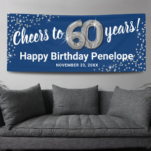 Blauw Zilver Glitter 60e Verjaardagsbanner Spandoek