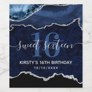 Blauw & Zilver Glitter Agate Marmer Sweet Sixteen Wijn Etiket