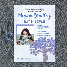 Blauw & Zilver Glitter Boom Bat Mitzvah Uitnodigin Kaart