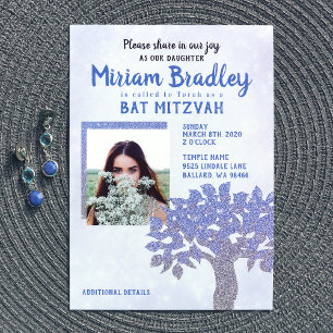 Blauw & Zilver Glitter Boom Bat Mitzvah Uitnodigin Kaart
