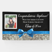 Blauw Zilver Glitter Foto Afstuderen Banner Sign (Horizontaal)