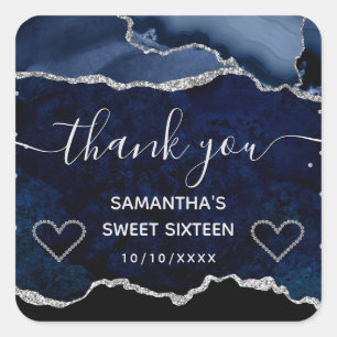 Blauw & Zilver Glitter Marmer Agate Sweet 16 Vierkante Sticker