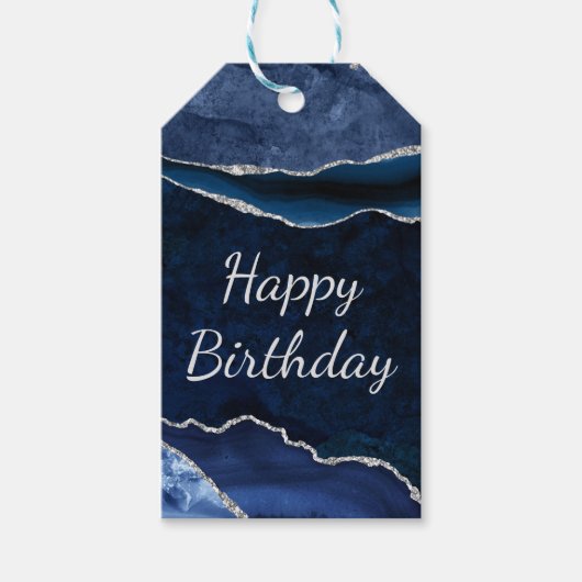 Blauw & Zilver Glitter Marmer Agate Verjaardag Cadeaulabel (Voorkant)