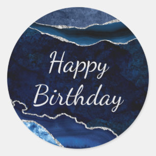 Blauw & Zilver Glitter Marmer Agate Verjaardag Ronde Sticker