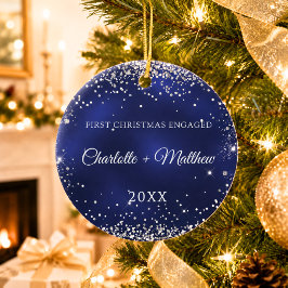 Blauw zilver glitter vonken verloofd keramisch ornament