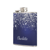 Blauw zilver glitters stof monogram naam script  heupfles (Links)