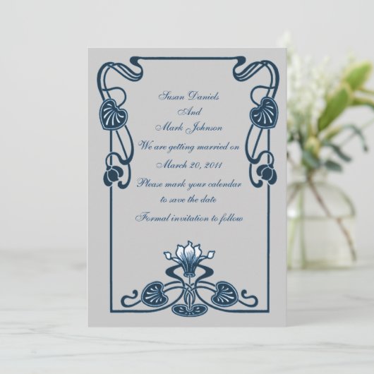 Blauw Zilver Grijs Bloemen Bruiloft Save The Date Kaart (Staand voorkant)
