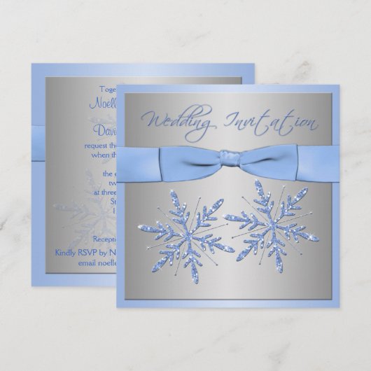 Blauw, Zilver Grijs Sneeuwvlokken Bruiloft Uitnodi Kaart (Voorkant / Achterkant)